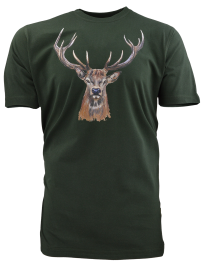 triko s barevným potiskem JELEN - velká hlava tmavě zelené